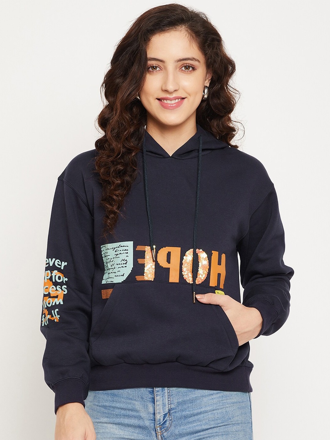 

CAMLA Women Navy Blue Printed Hooded Sweatshirt