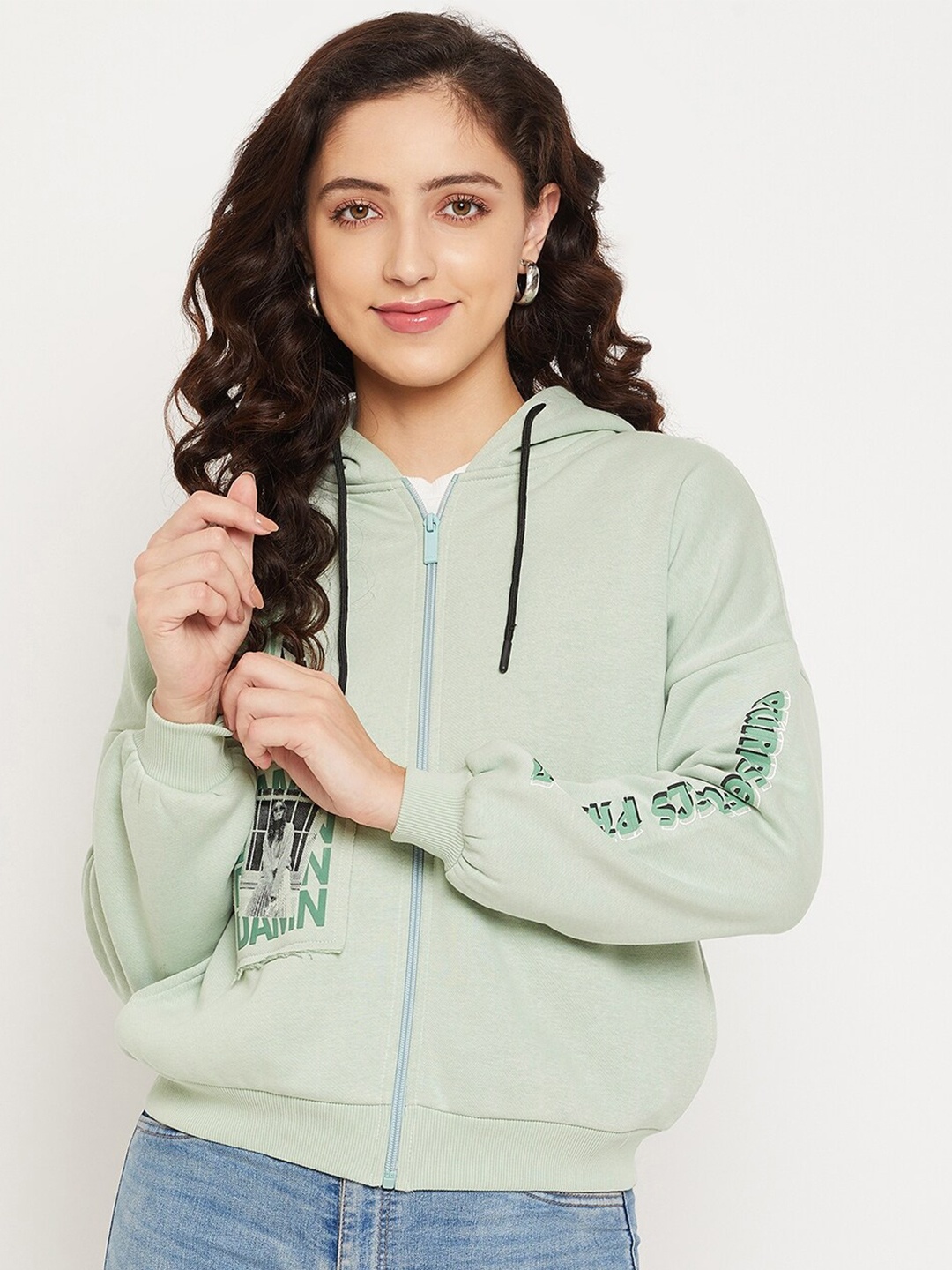

CAMLA Women Green Printed Hooded Sweatshirt