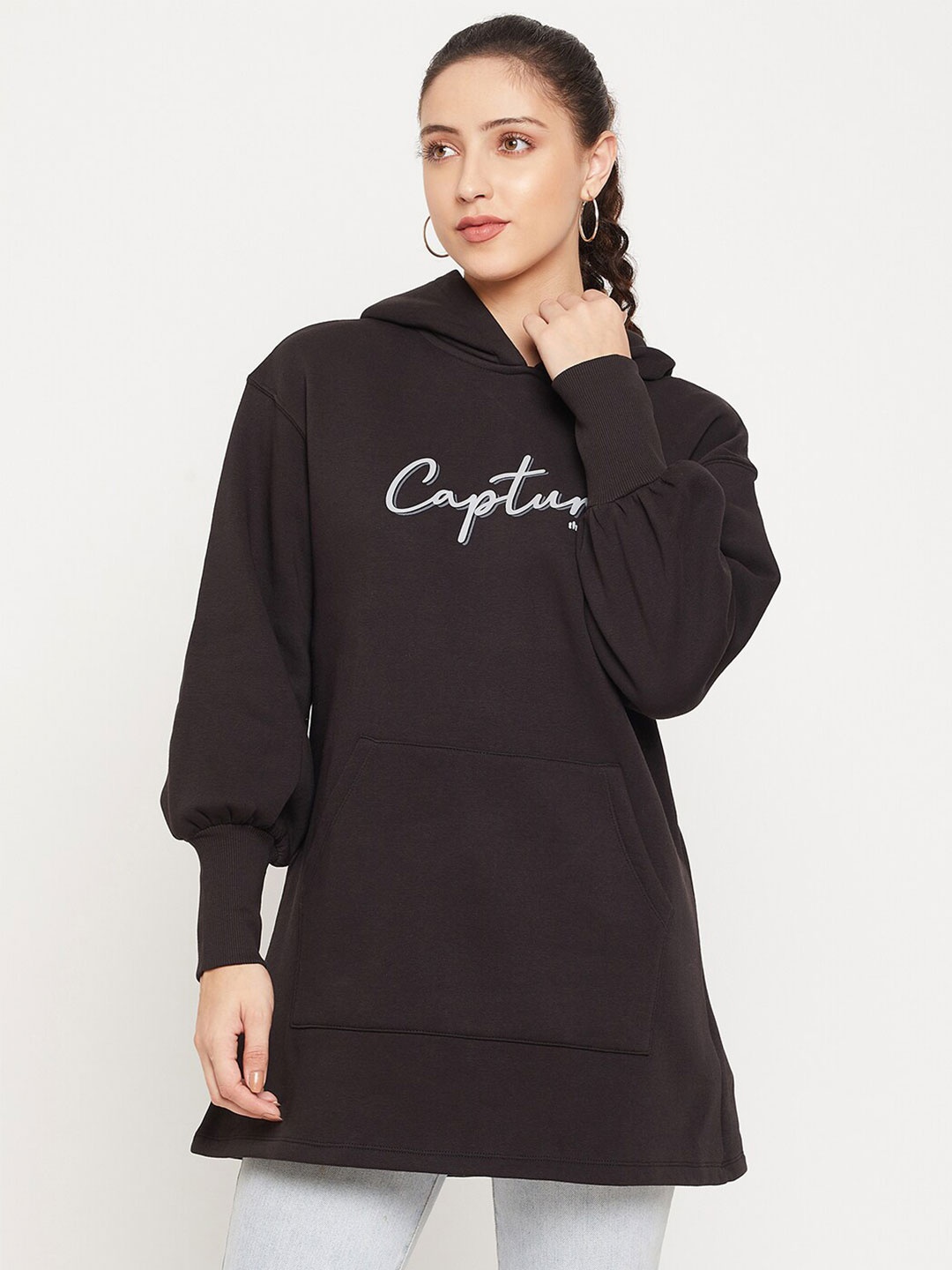 

CAMLA Women Black Printed Hooded Sweatshirt