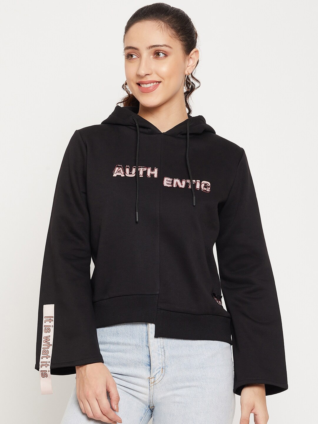 

CAMLA Women Black Printed Hooded Sweatshirt