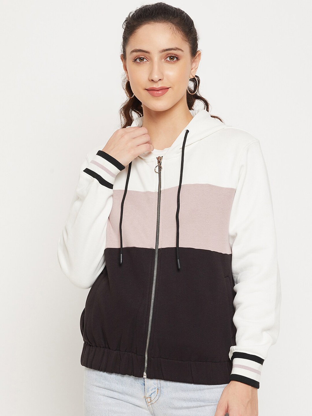 

CAMLA Women Black Colourblocked Hooded Sweatshirt