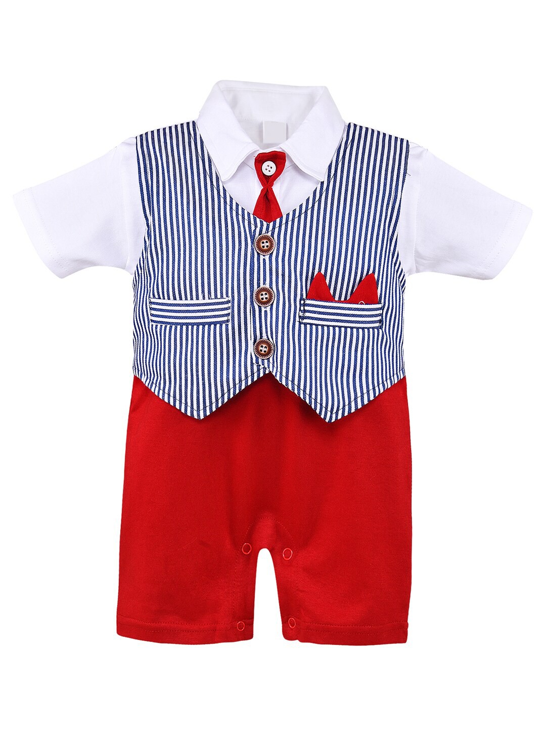 

Wish Karo Boys Red & Blue Pure Cotton Striped Romper with Attached Tie