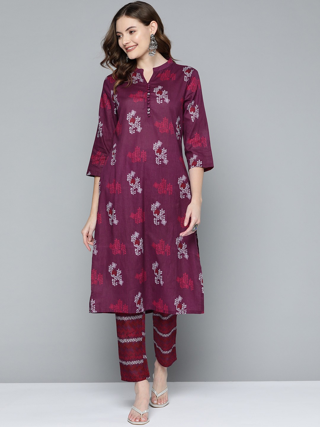 

HERE&NOW Women Burgundy Ethnic Motifs Printed Pure Cotton Kurta with Trousers