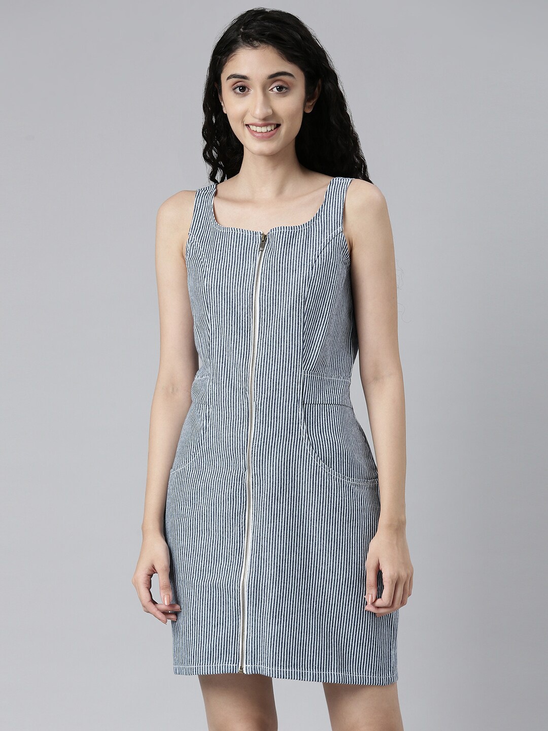 

Kryptic White Printed Sleeveless Striped Denim Sheath Dress