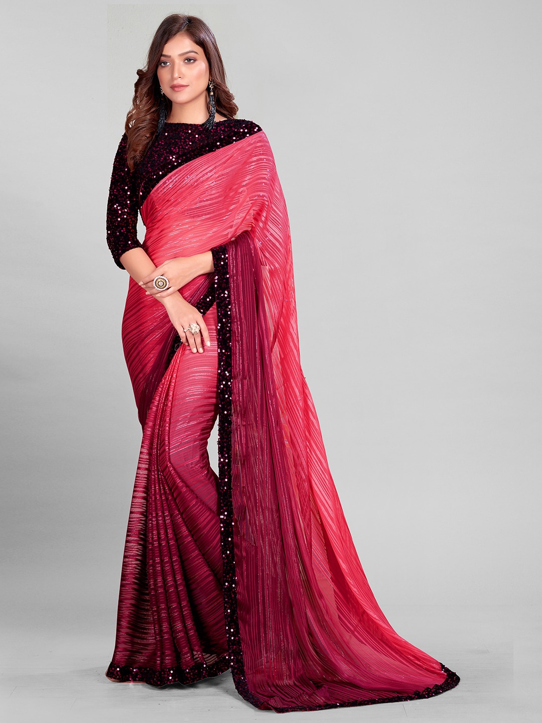 

Granthva Fab Pink & Black Embellished Sequinned Silk Blend Saree