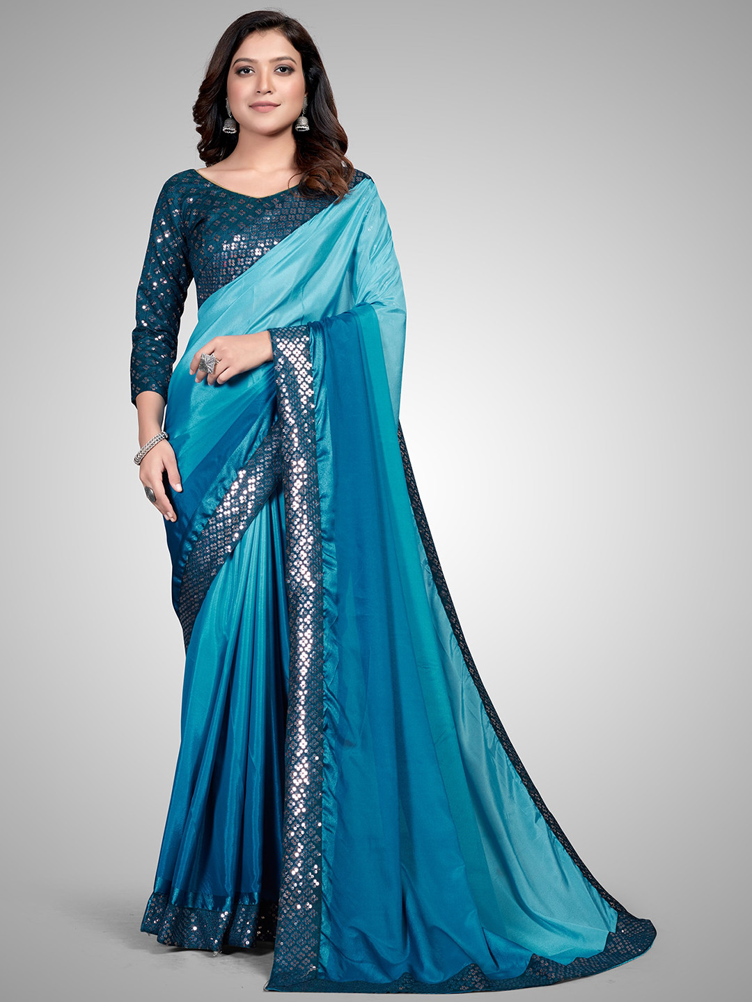 

Granthva Fab Turquoise Blue Embellished Sequinned Silk Blend Saree
