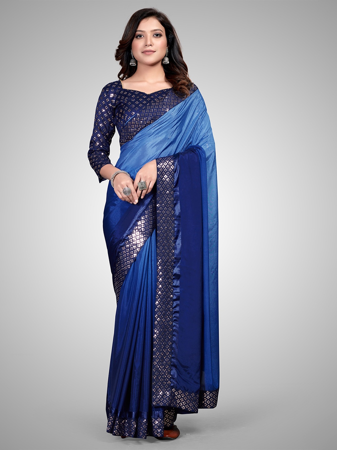 

Granthva Fab Blue Sequinned Silk Blend Saree