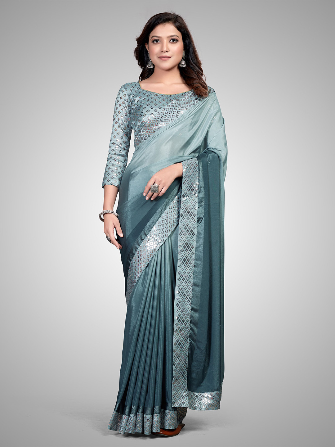 

Granthva Fab Grey & Silver-Toned Sequinned Silk Blend Saree