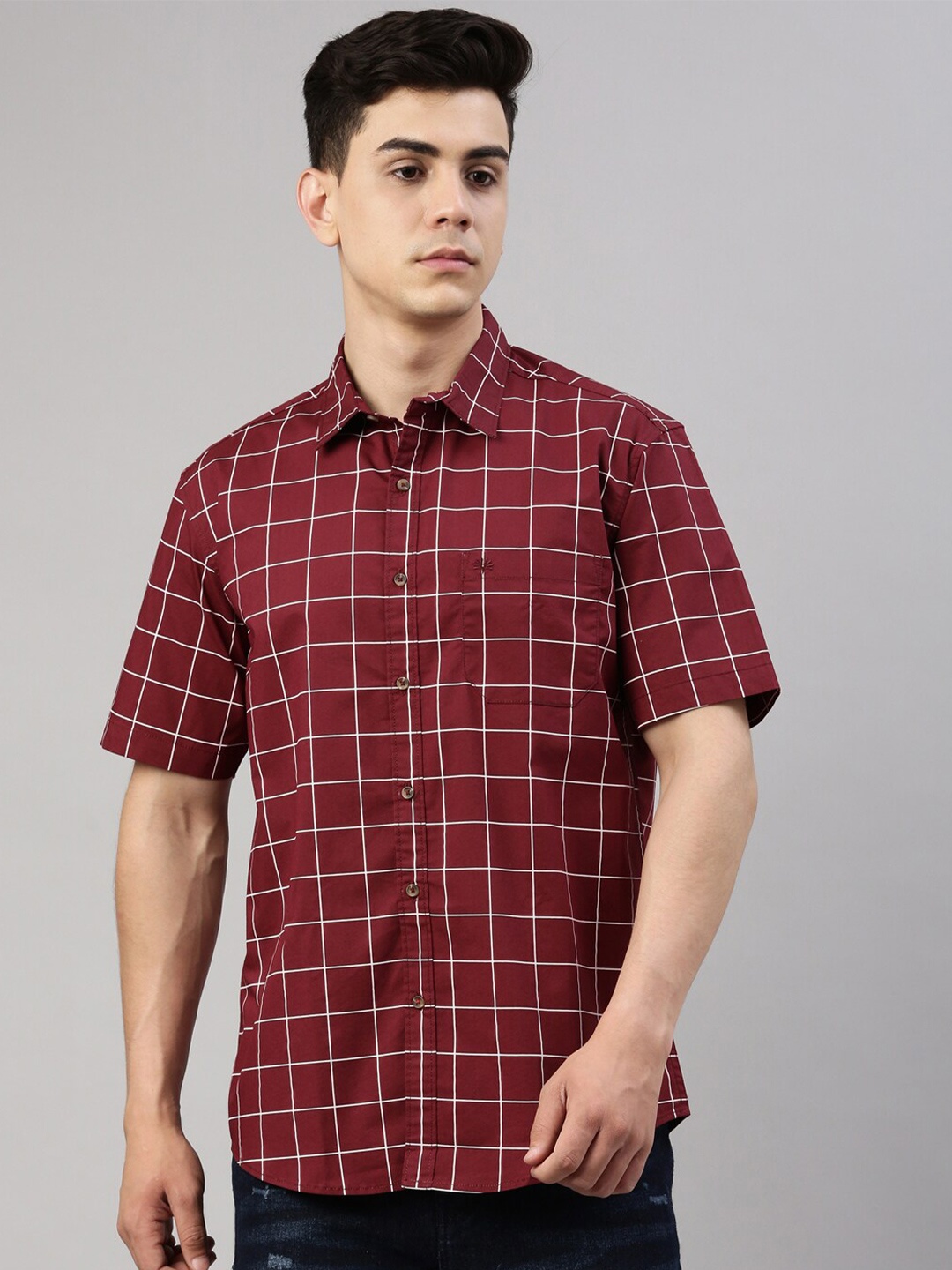 

Chennis Men Red Slim Fit Windowpane Checks Checked Casual Shirt