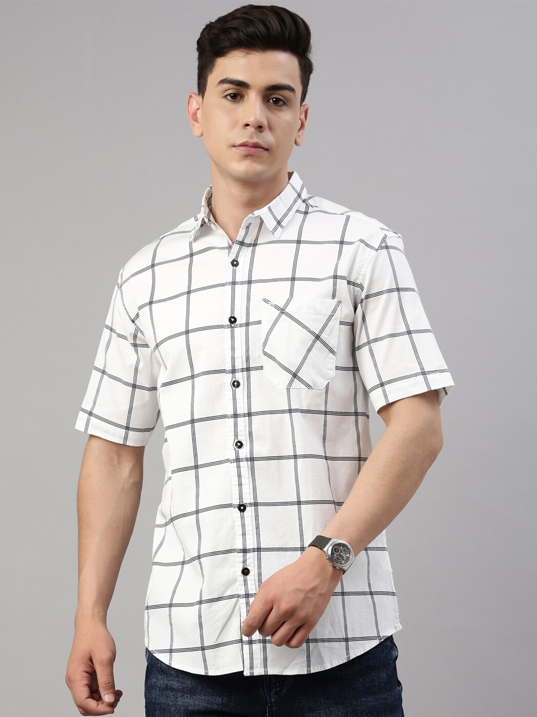 

Chennis Men White Slim Fit Windowpane Checks Checked Casual Shirt