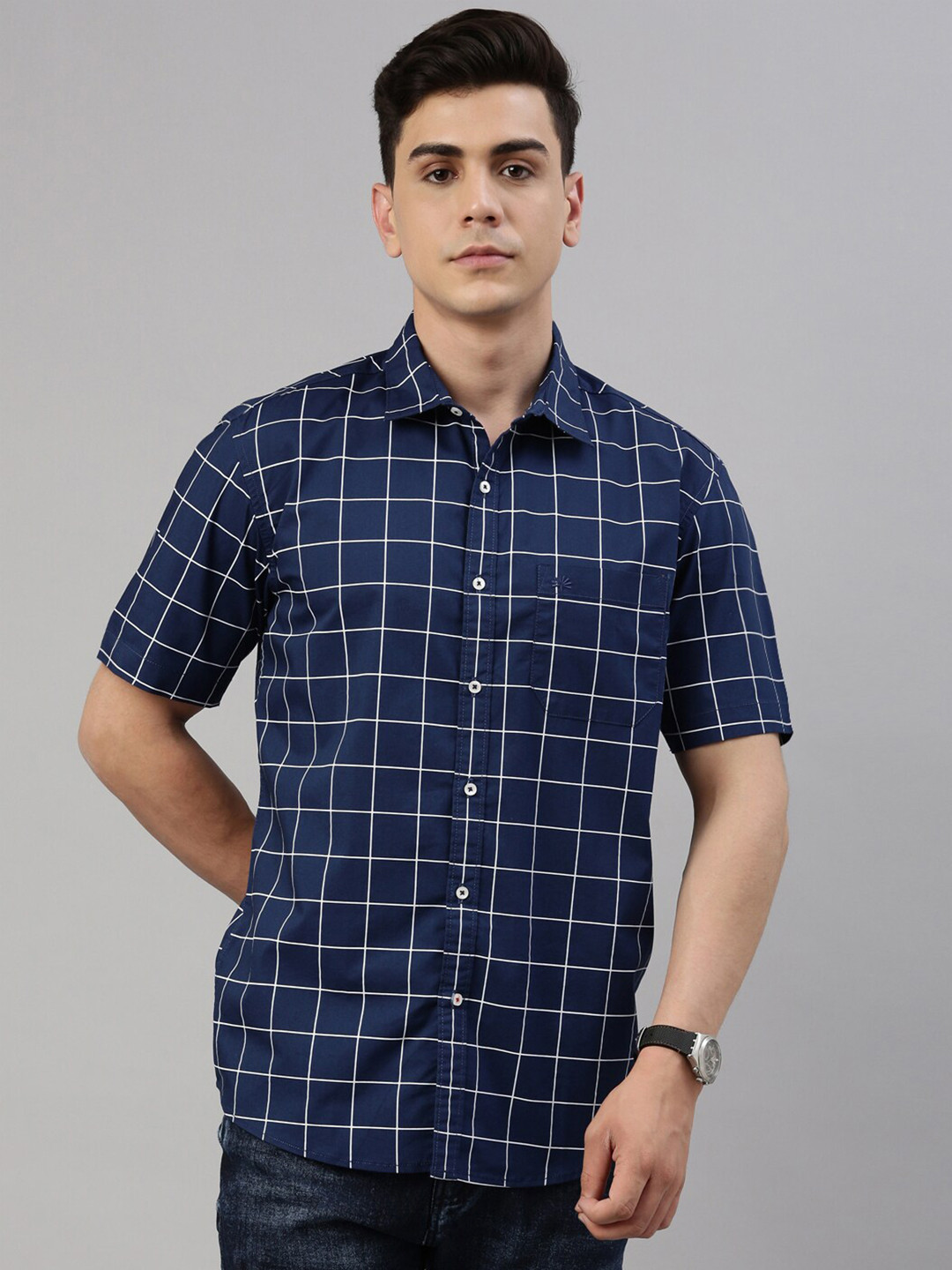 

Chennis Men Navy Blue Slim Fit Windowpane Checks Checked Casual Shirt