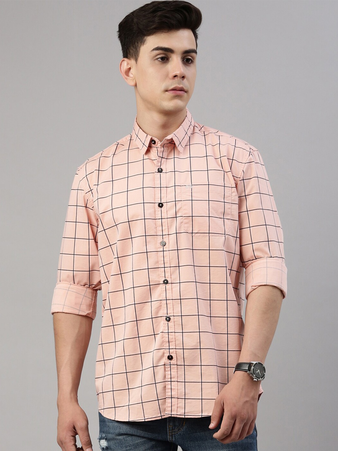 

Chennis Men Peach-Coloured Slim Fit Windowpane Checks Checked Casual Shirt