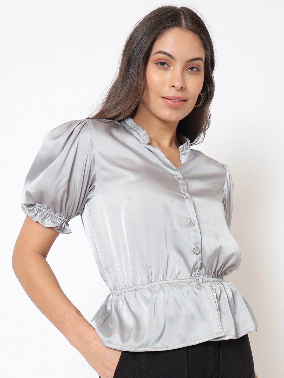 

Saaki Women Grey Mandarin Collar Blouson Top