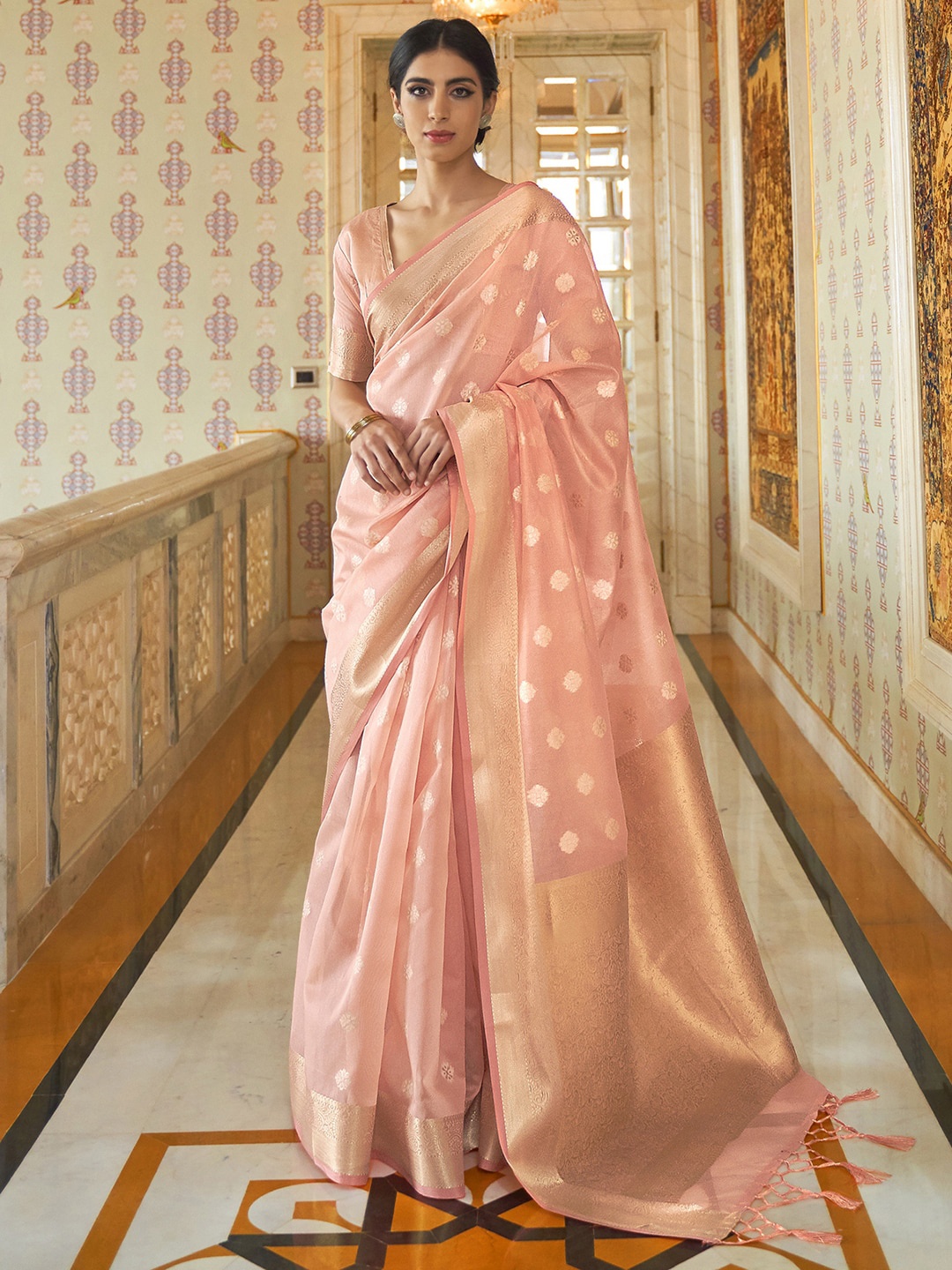 

Mitera Peach-Coloured & Gold-Toned Woven Design Zari Silk Blend Banarasi Saree