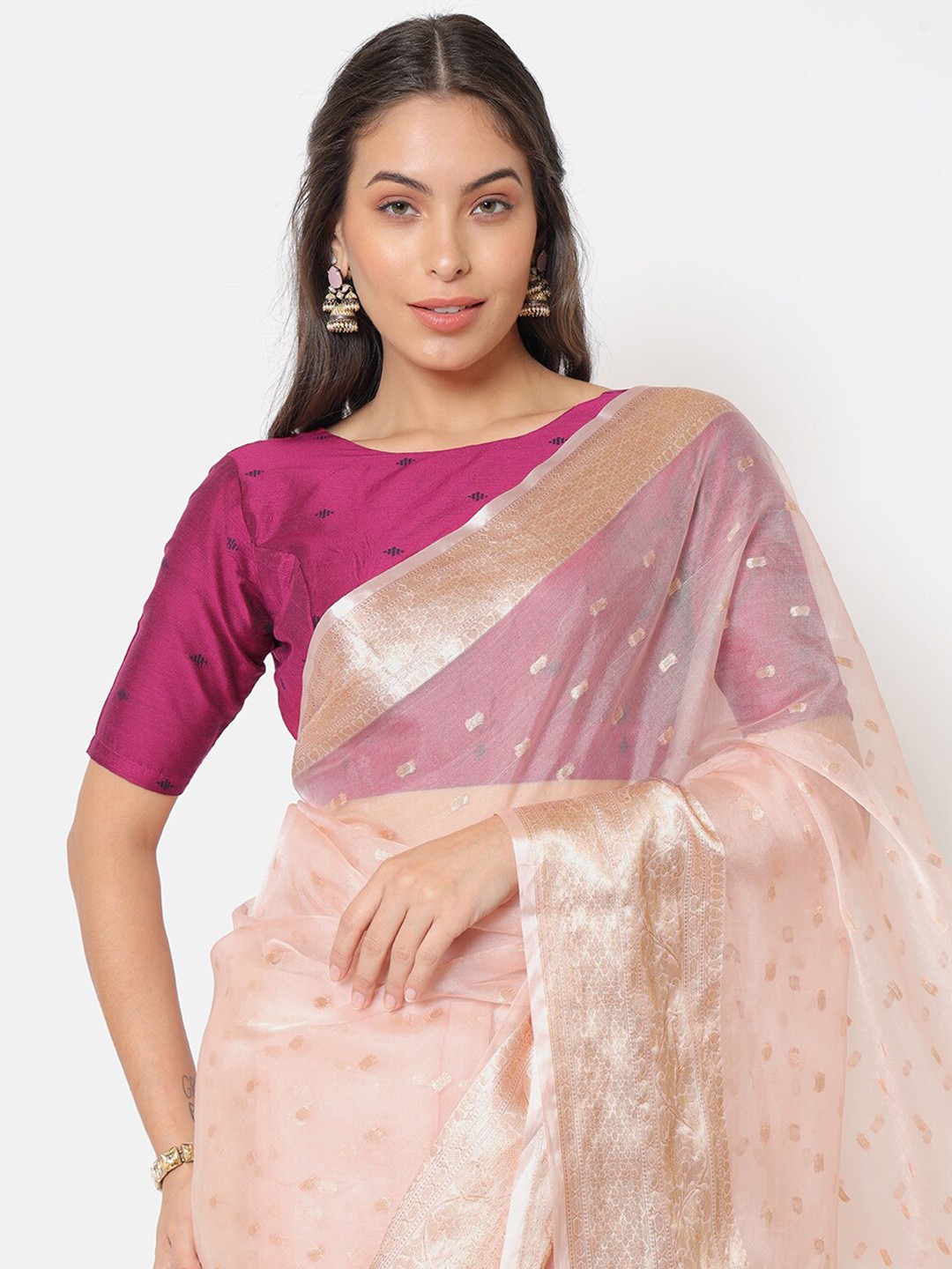 

Saaki Women Magenta Woven Design Boat Neck Readymade Saree Blouse