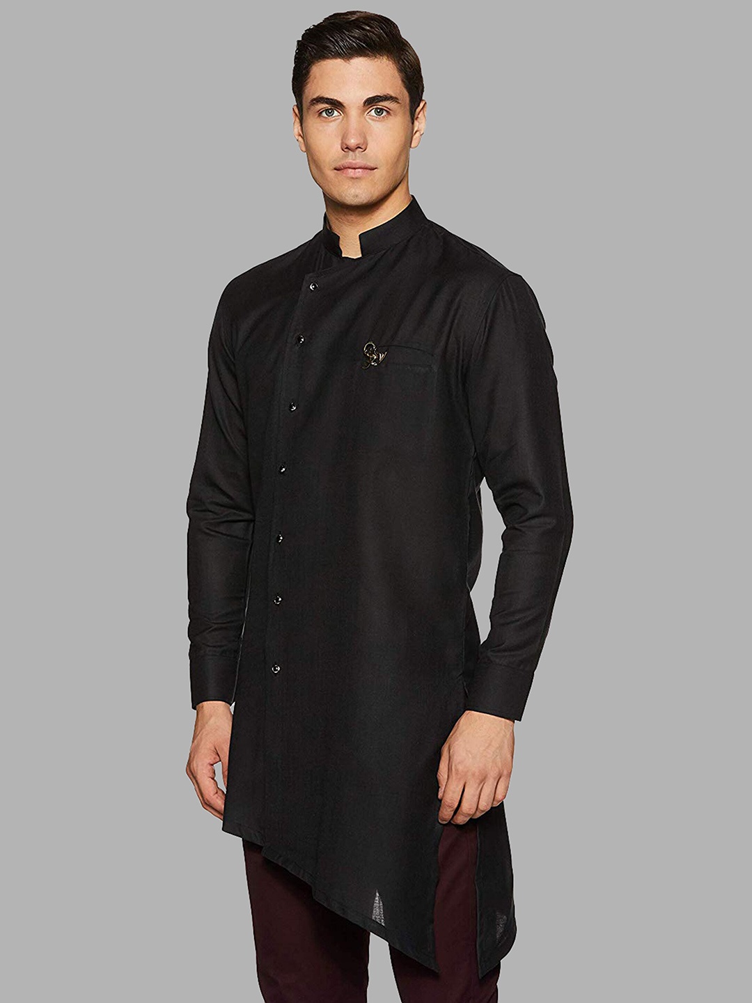 

ROYAL KURTA Men Black Solid Cotton Angrakha Kurta