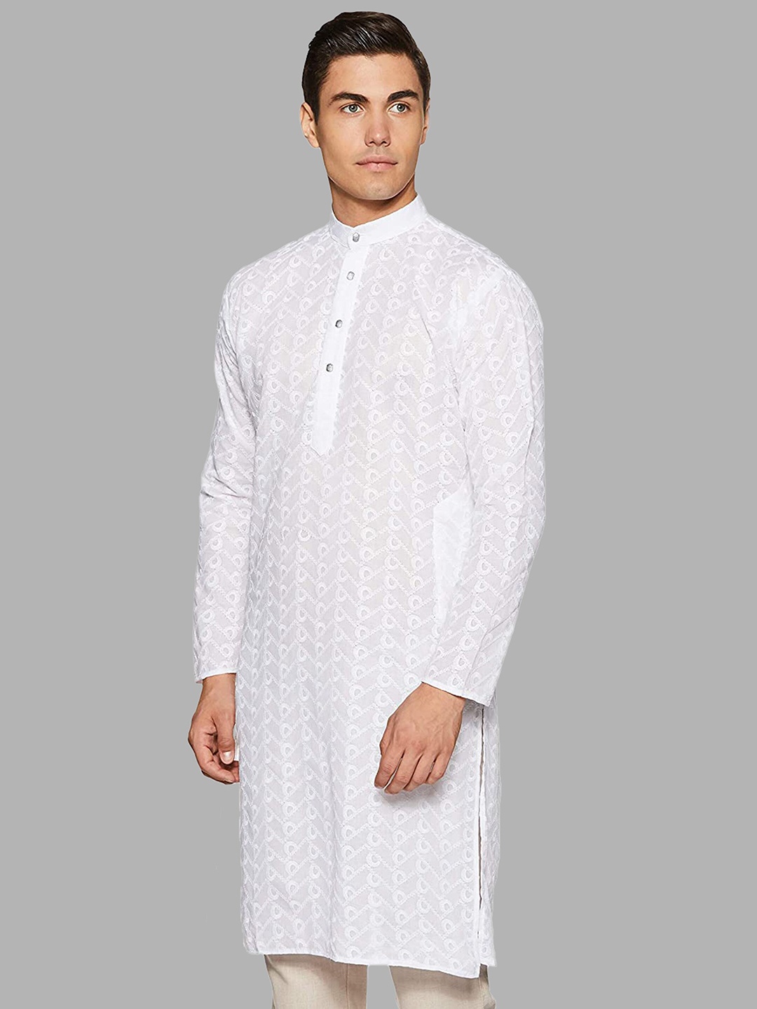 

ROYAL KURTA Men White Embroidered Chikankari Cotton Straight Kurta