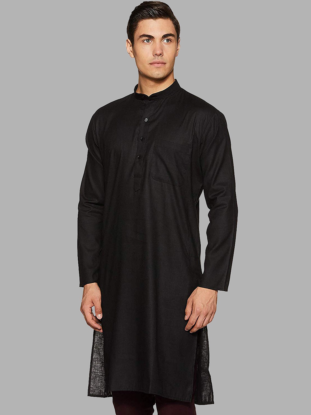 

ROYAL KURTA Men Black Solid Mandarin Collar Long Sleeves Cotton Kurta
