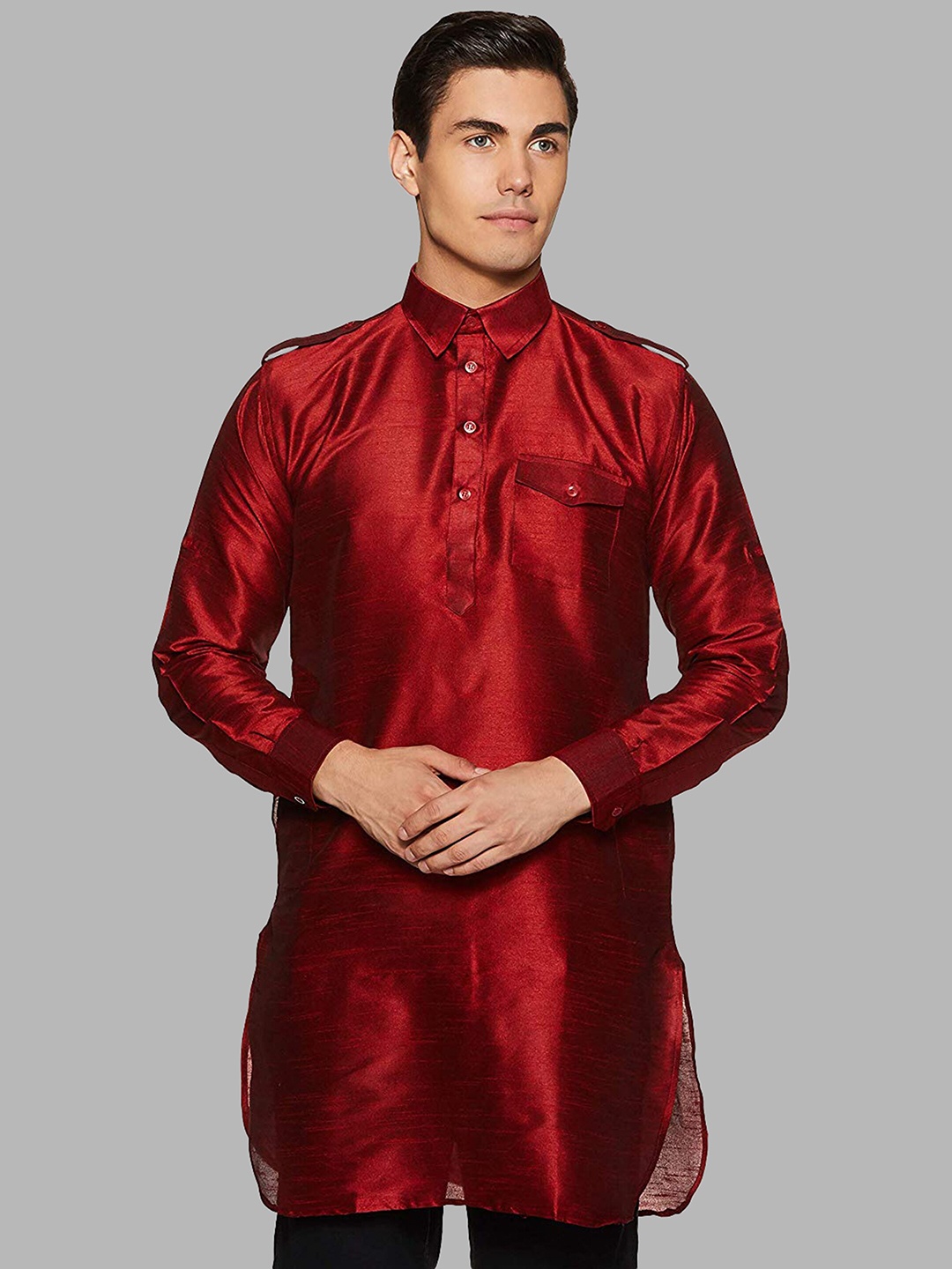 

ROYAL KURTA Men Red Solid Pathani Kurta