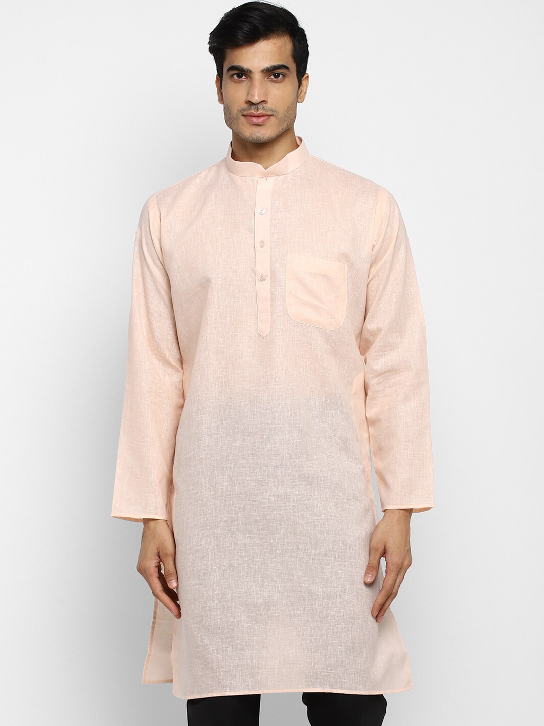 

ROYAL KURTA Men Peach-Coloured Solid Straight Cotton Kurta