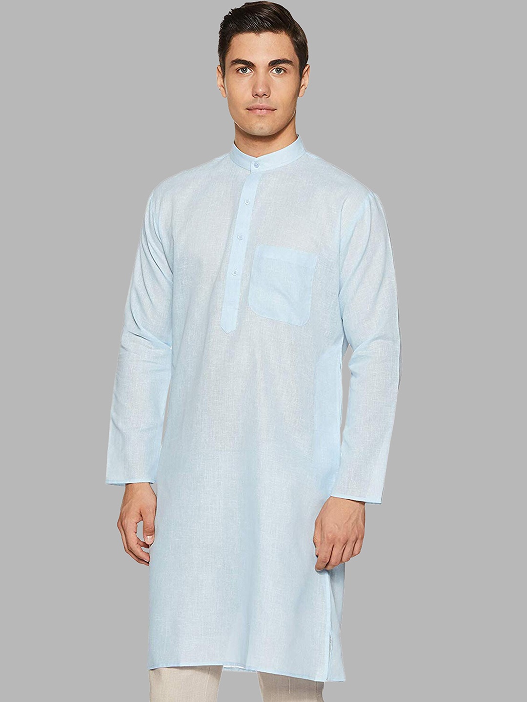 

ROYAL KURTA Men Blue Solid Mandarin Collar Long Sleeves Cotton Summer Sheers Kurta