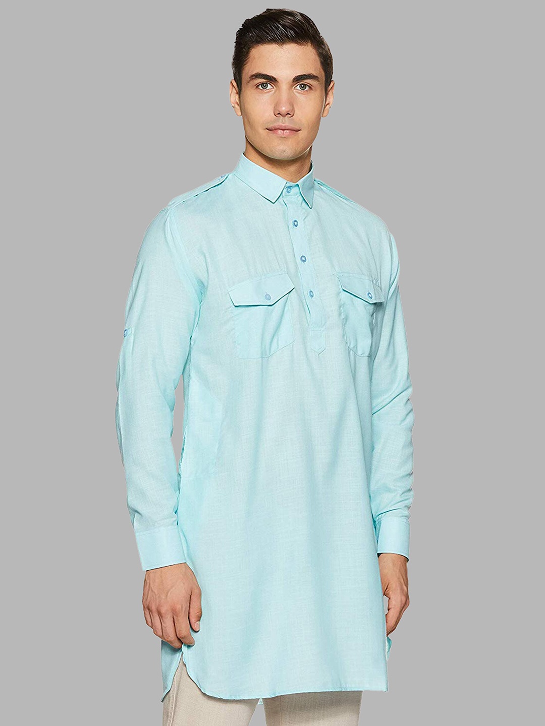 

ROYAL KURTA Men Blue Solid Cotton Pathani Kurta