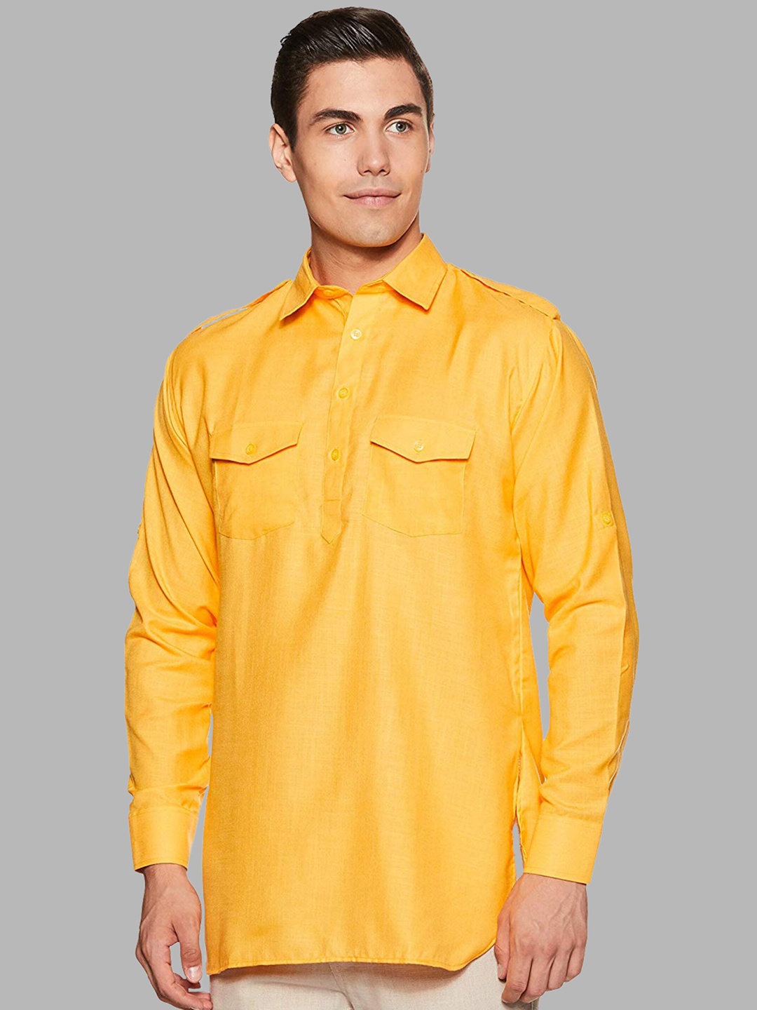 

ROYAL KURTA Men Yellow Solid Pathani Kurta