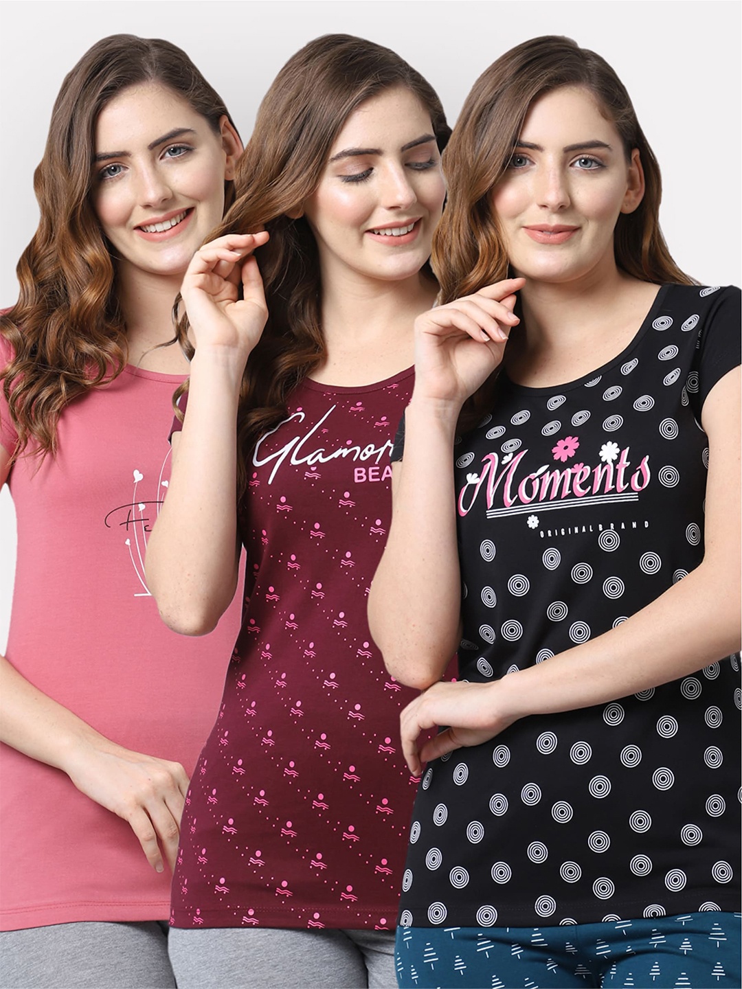 

Shararat Pack of 3 Women's Pink Printed Cotton Nightdress