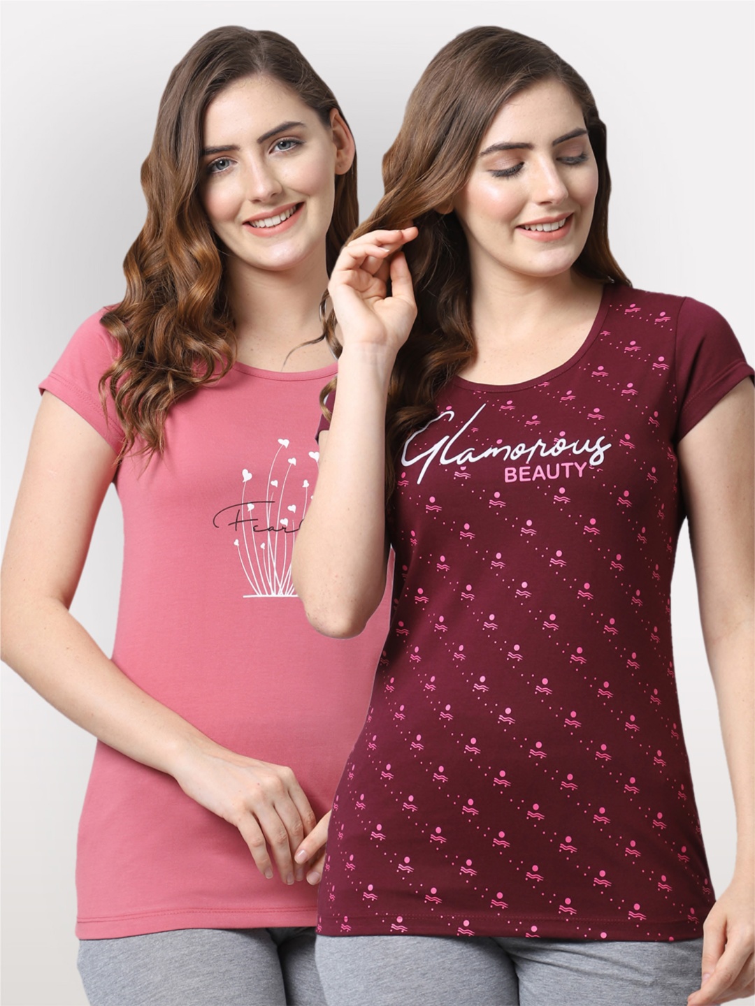 

Shararat Pack of 2 Printed Cotton Lounge T-shirts, Pink