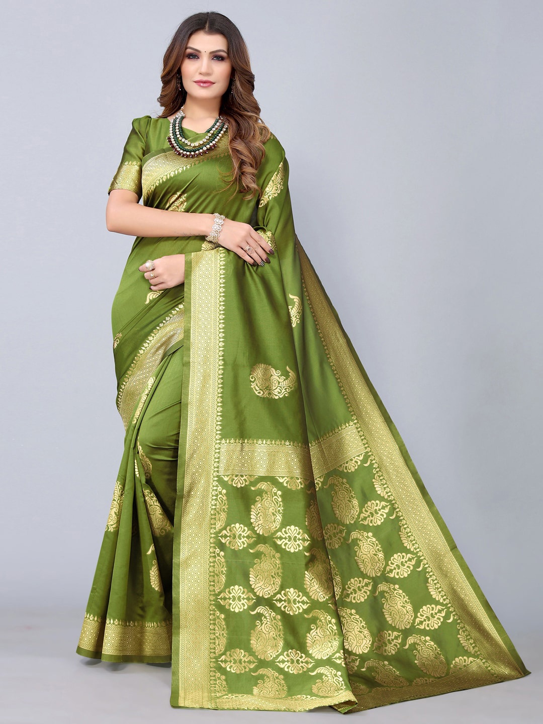 

SIRIL Olive Green & Gold-Toned Paisley Zari Banarasi Saree