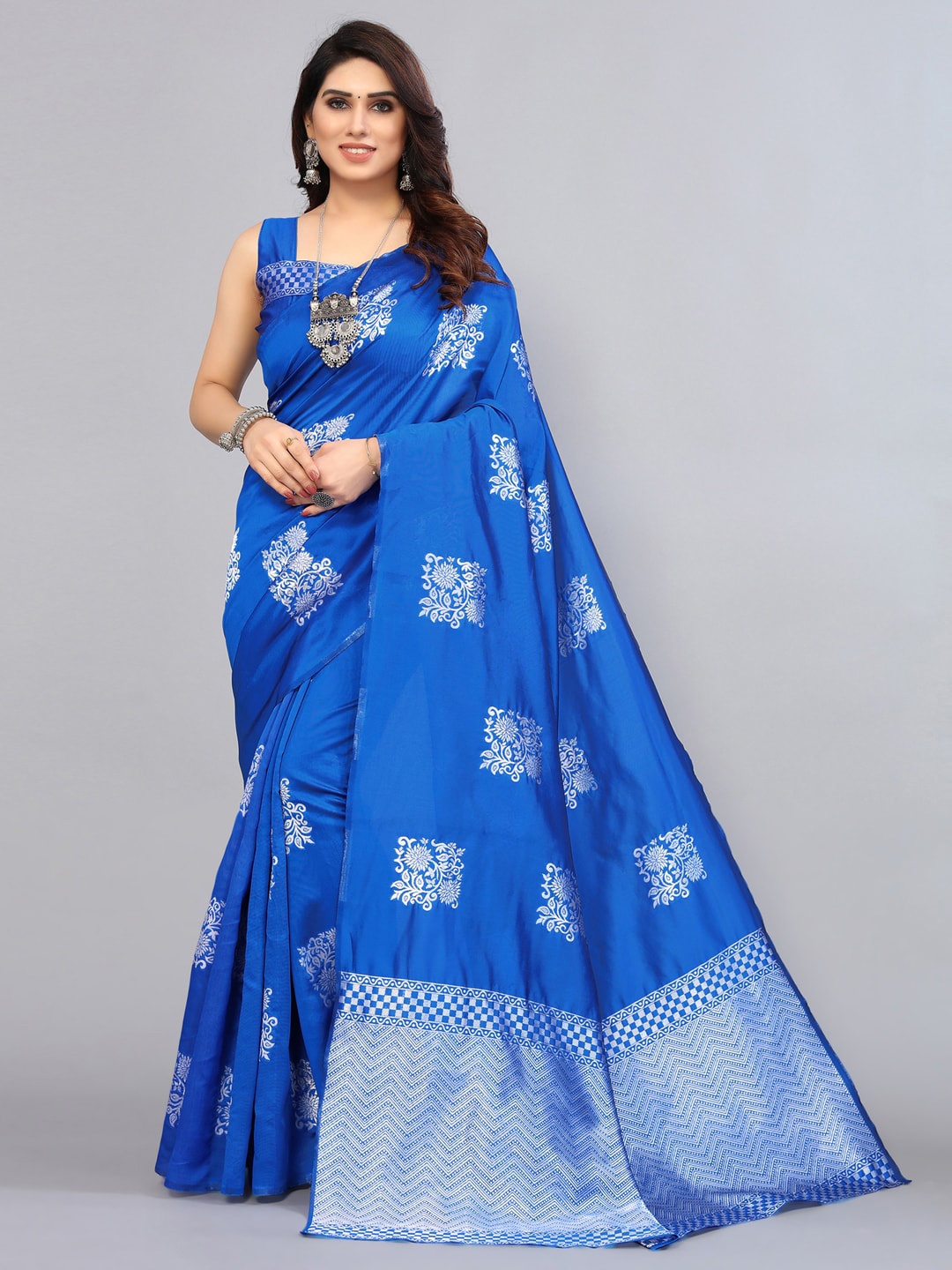 

SIRIL Blue & Silver-Toned Floral Zari Banarasi Saree