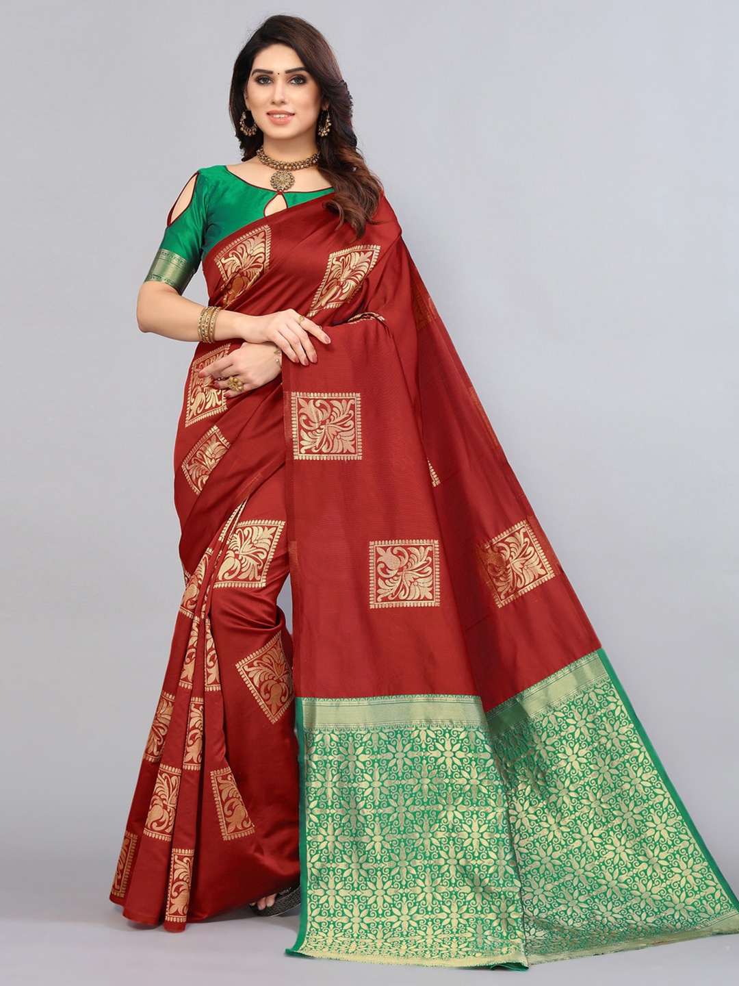 

SIRIL Red & Green Woven Design Banarasi Saree