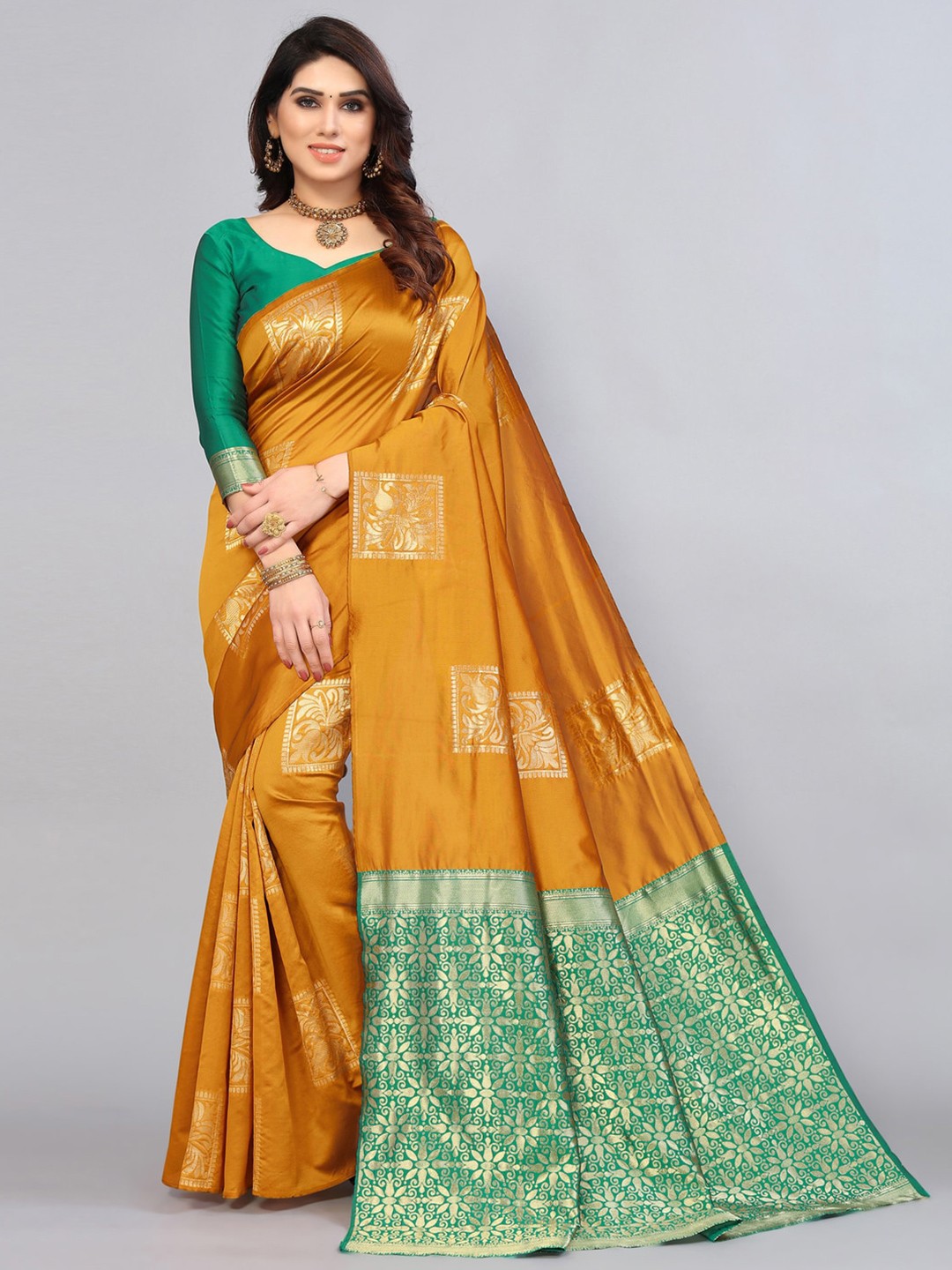 

SIRIL Mustard & Green Woven Design Zari Banarasi Saree