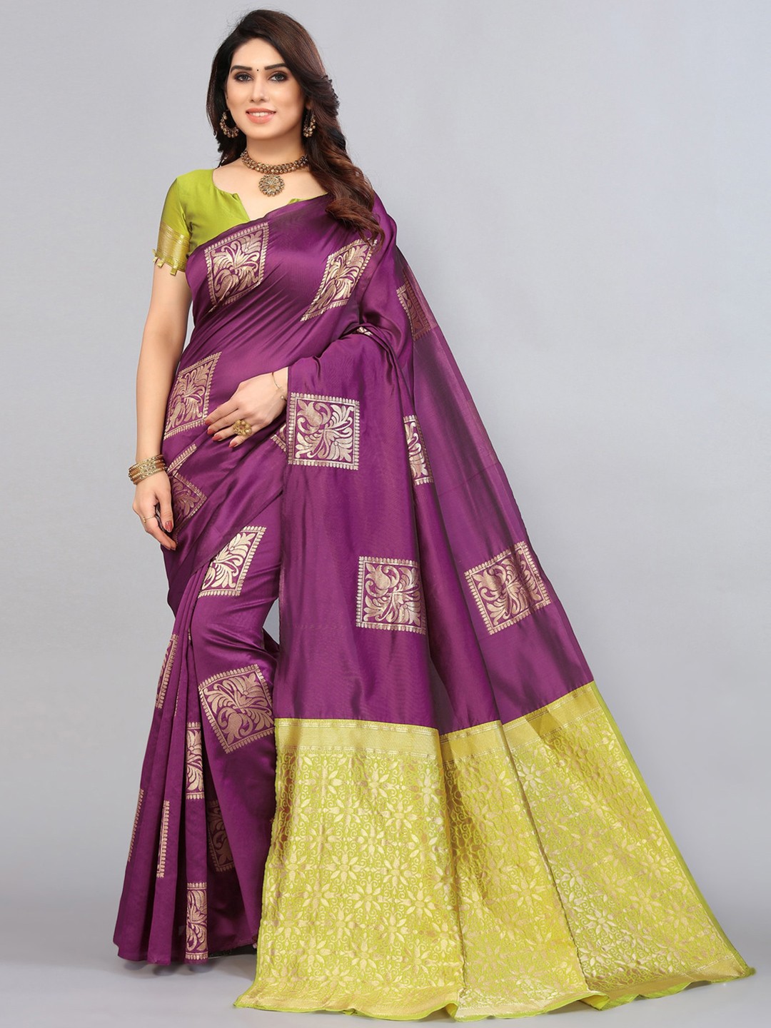 

SIRIL Purple & Green Woven Design Zari Banarasi Saree