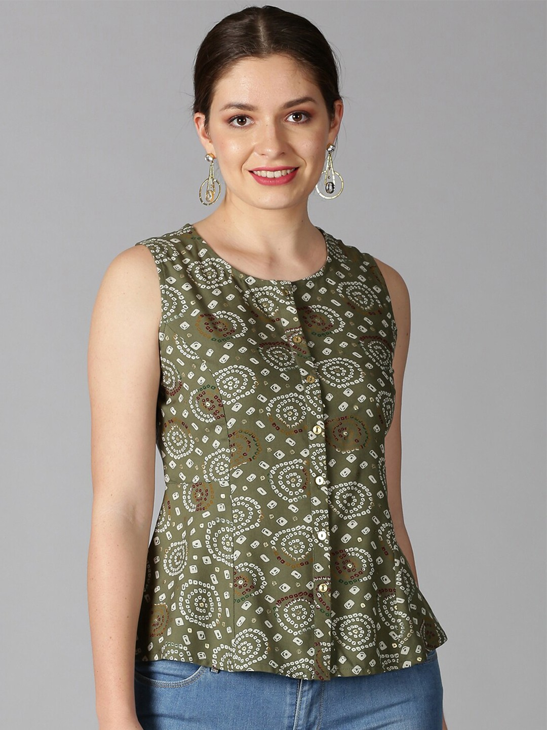 

Saffron Threads Women Green Bandhani Print A-line Top