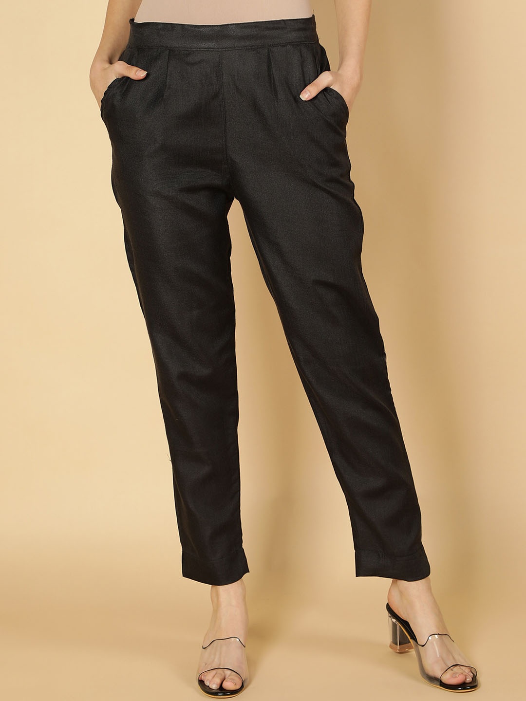 

Fabclub Women Smart Pleated Trousers, Black