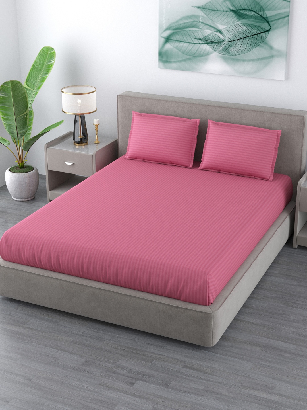 

LIVING ROOTS Striped 144 TC King Bedsheet with 2 Pillow Covers, Pink