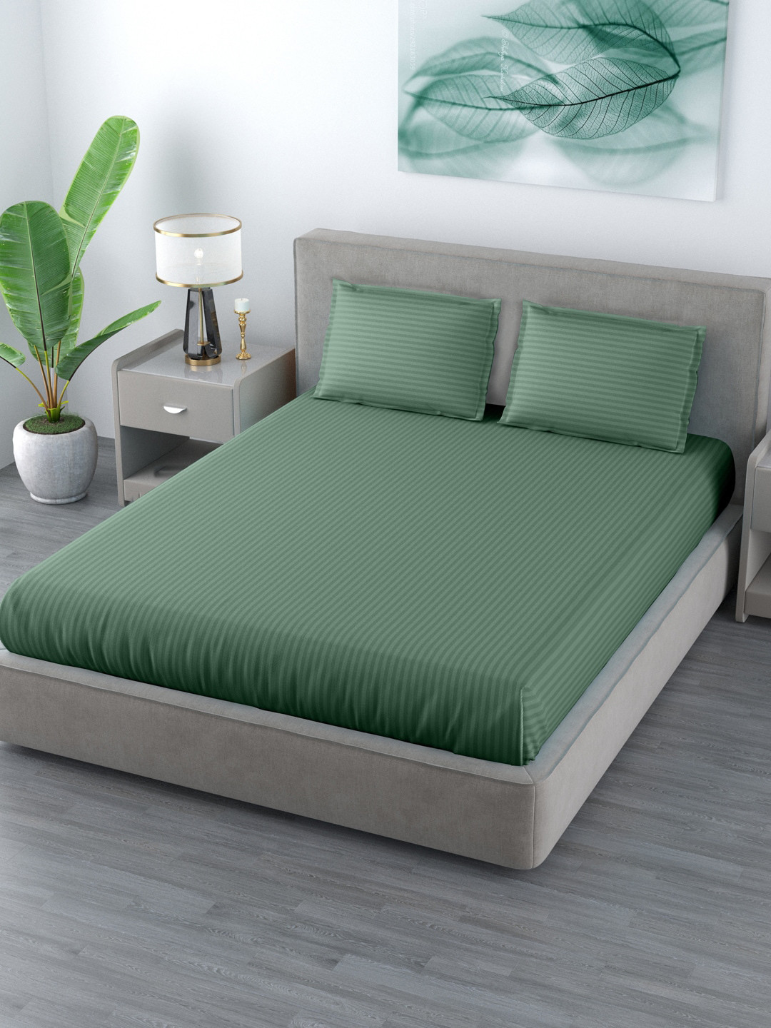 

LIVING ROOTS Striped 144 TC King Bedsheet with 2 Pillow Covers, Green