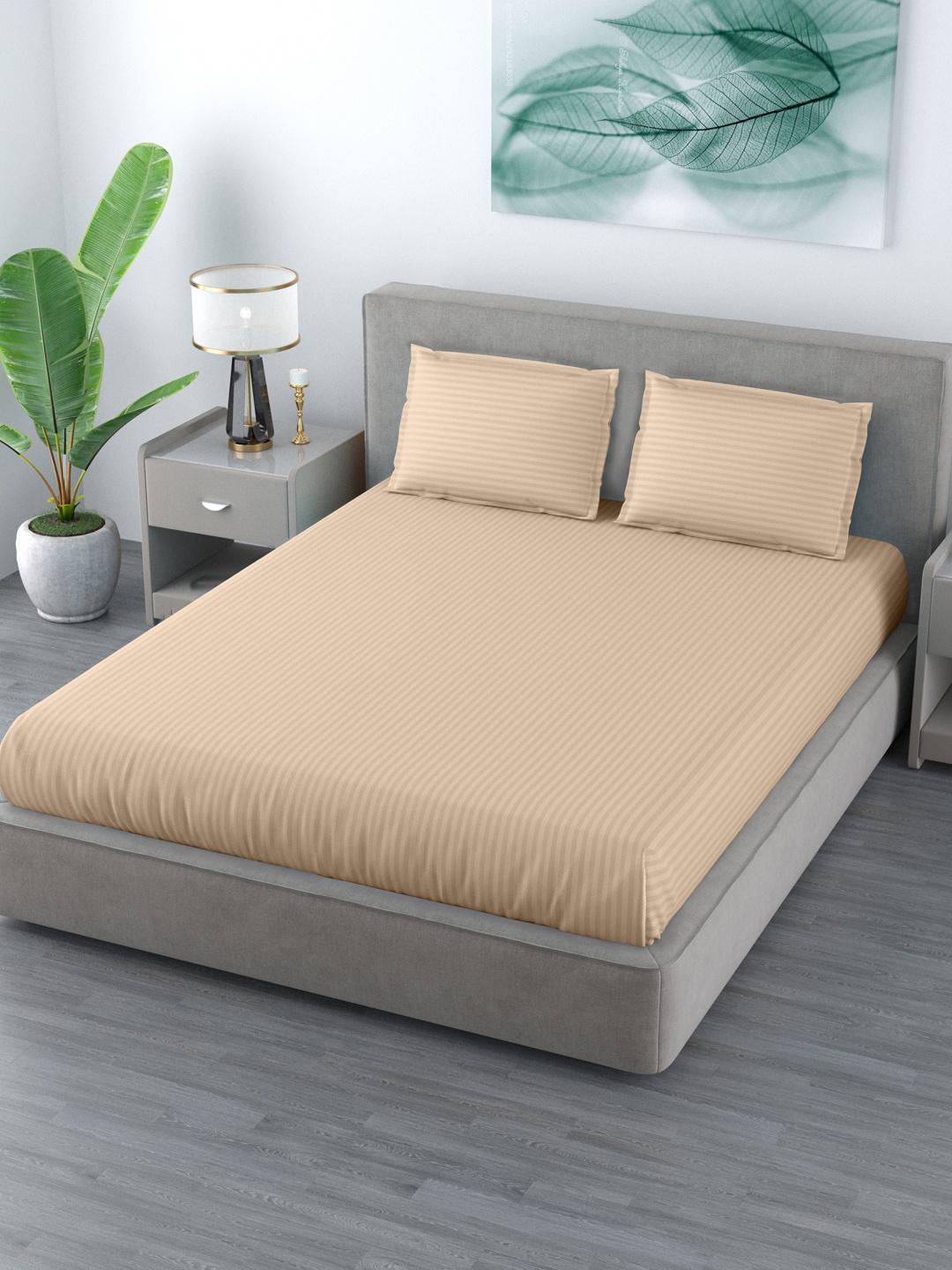 

LIVING ROOTS Striped 144 TC King Bedsheet with 2 Pillow Covers, Beige