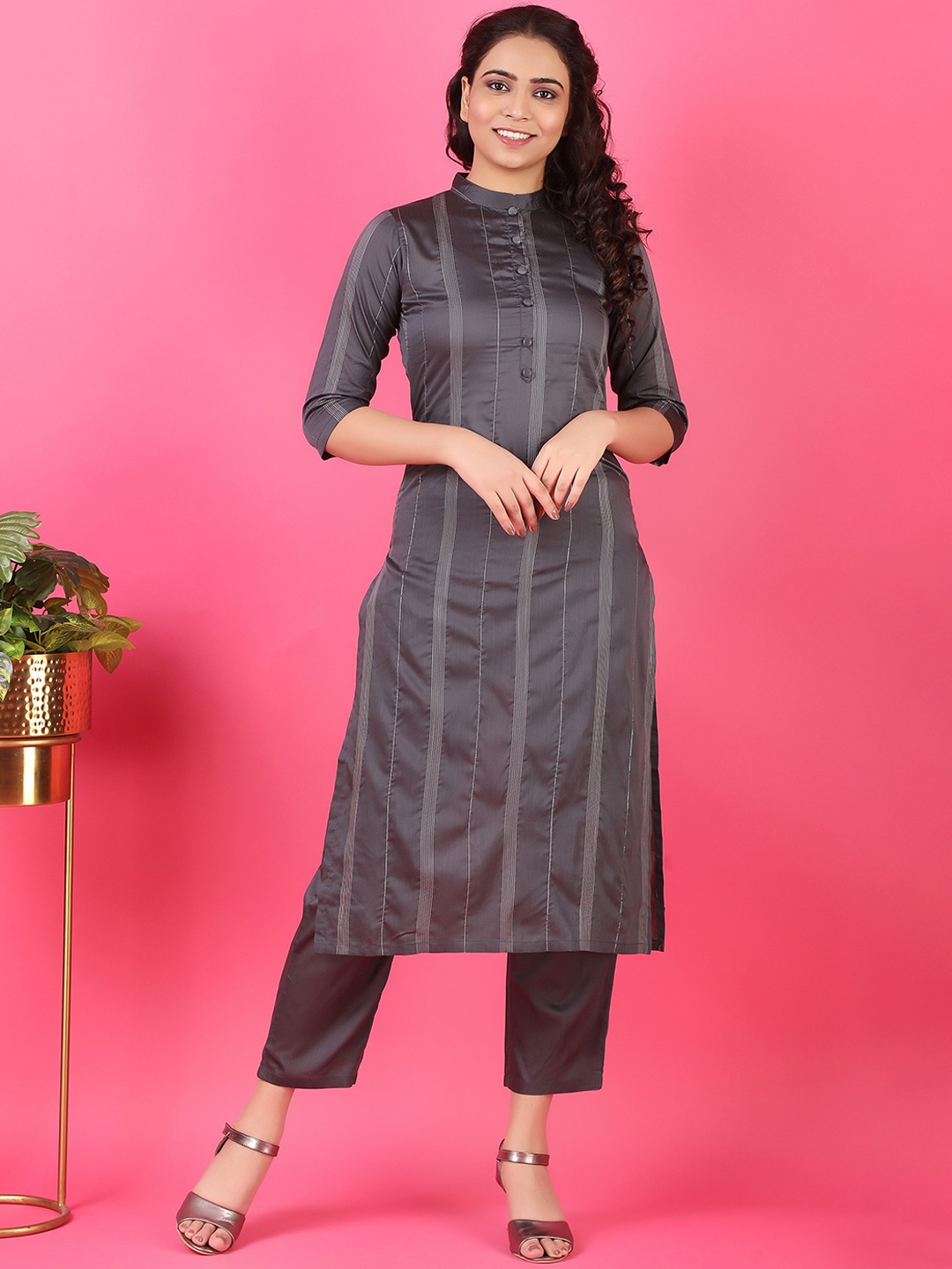 

V TRADITION Women Striped Chanderi Silk Kurta with Trouser Set, Grey