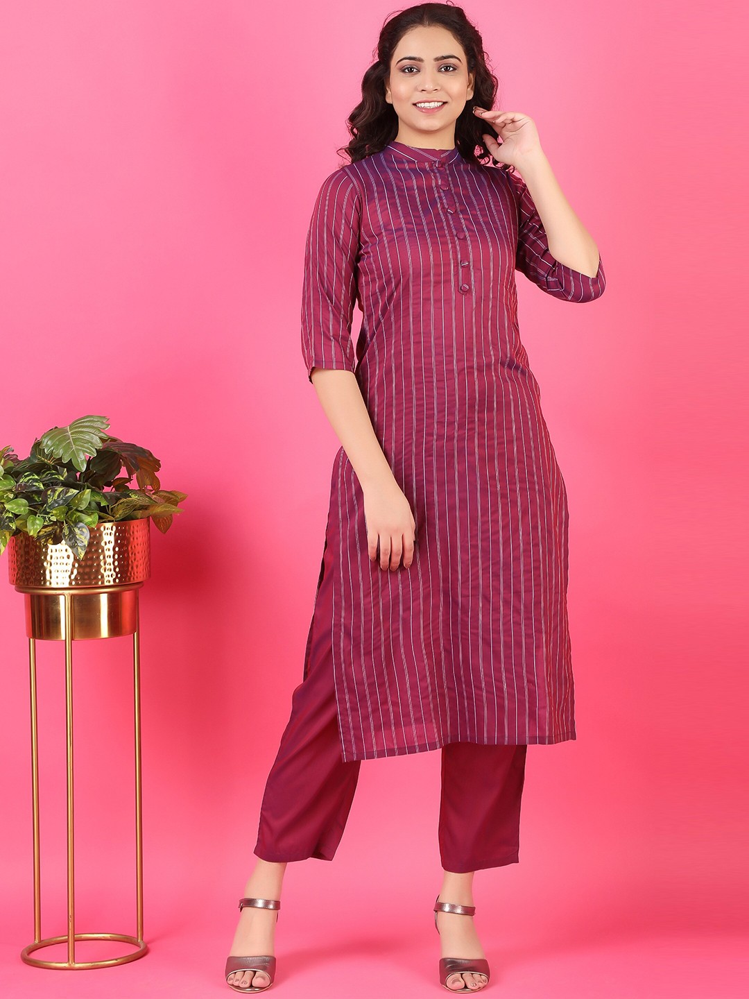 

V TRADITION Women Purple Striped Chanderi Silk Kurta with Trousers