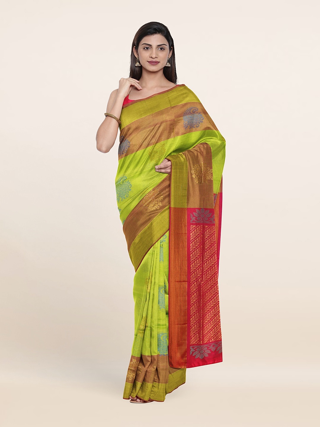 

Pothys Lime Green & Red Woven Design Zari Pure Silk Saree