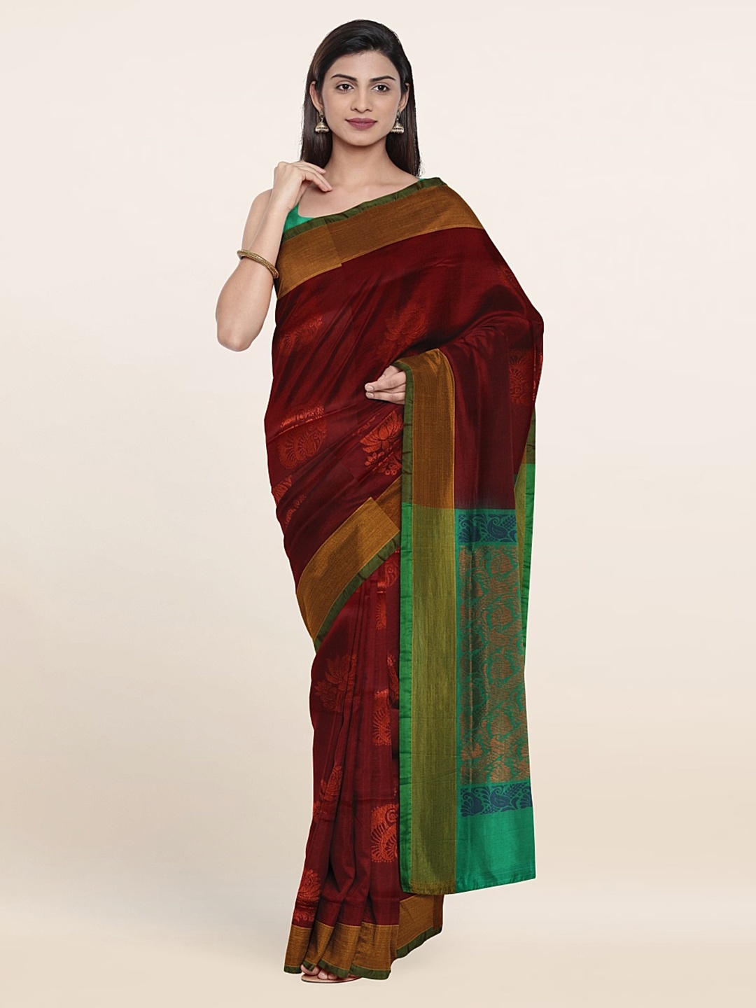 

Pothys Maroon & Green Woven Design Zari Pure Silk Saree