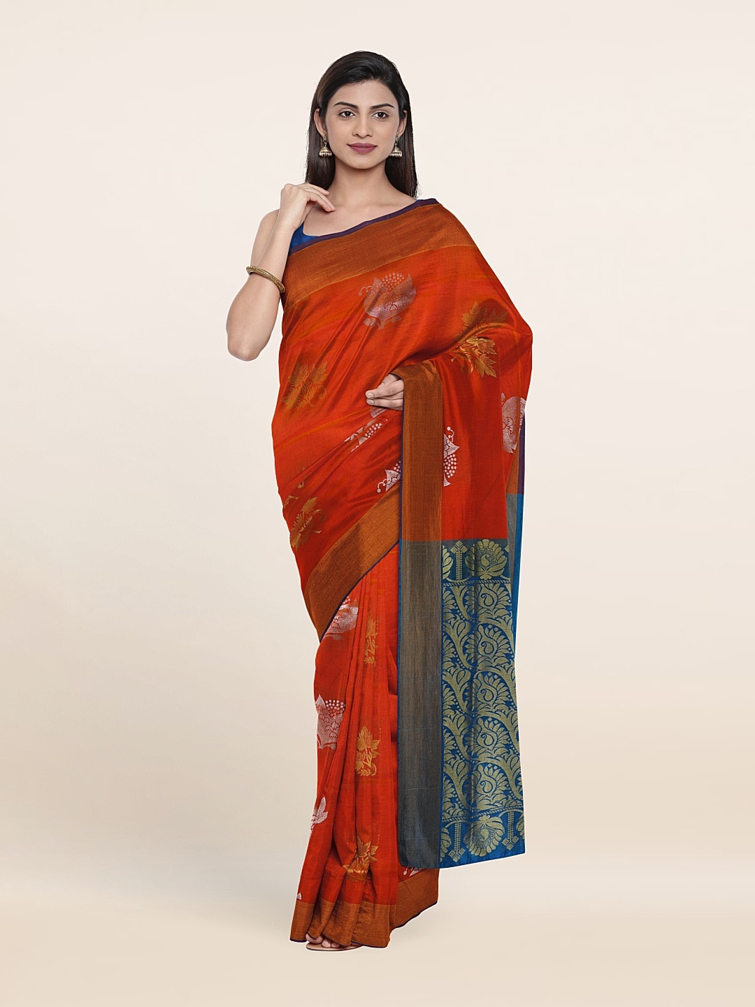 

Pothys Rust & Blue Woven Design Zari Pure Silk Saree