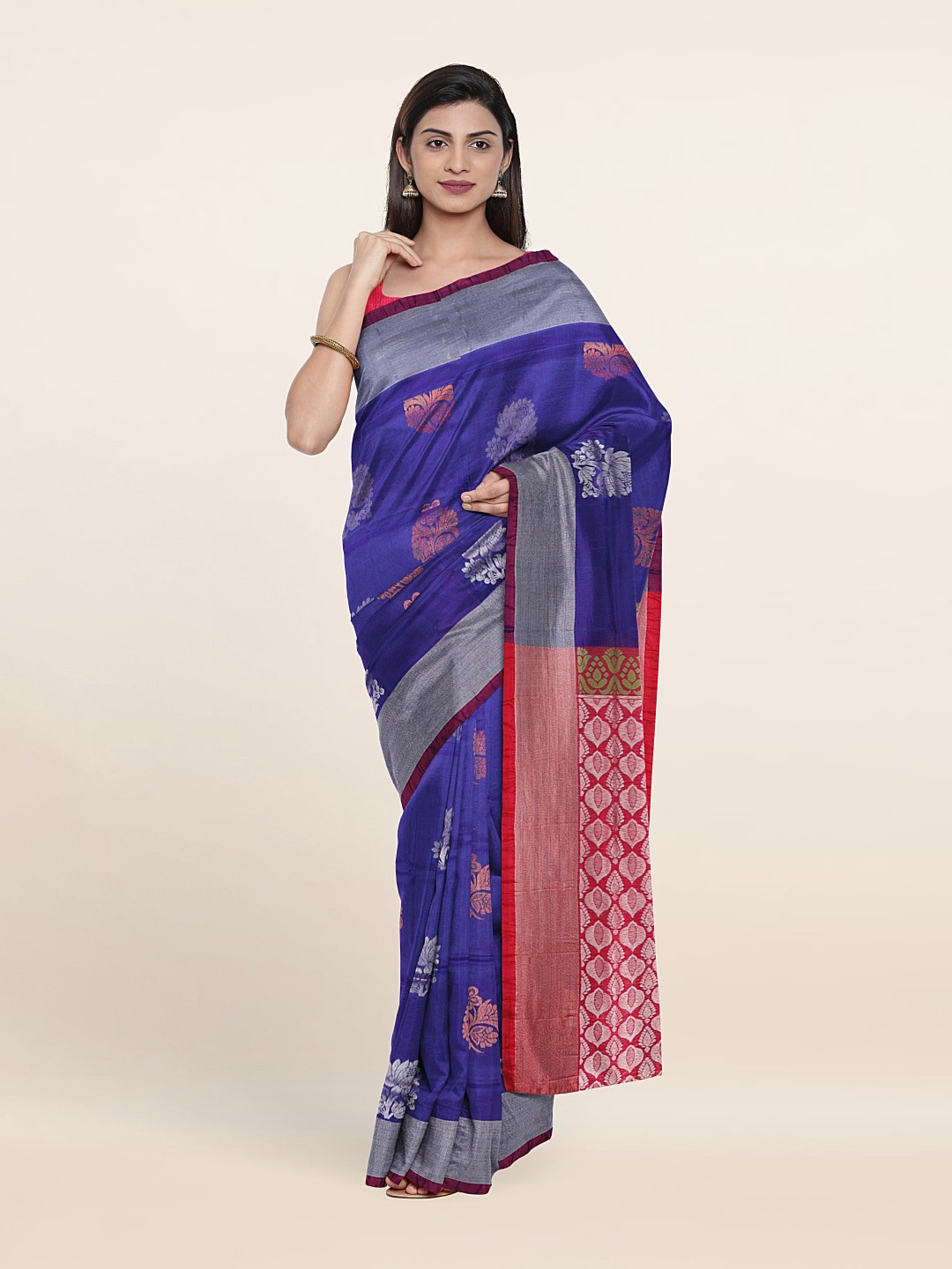 

Pothys Blue & Silver-Toned Woven Design Zari Pure Silk Saree