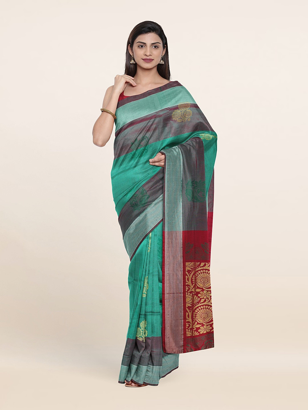 

Pothys Sea Green & Maroon Woven Design Zari Pure Silk Saree