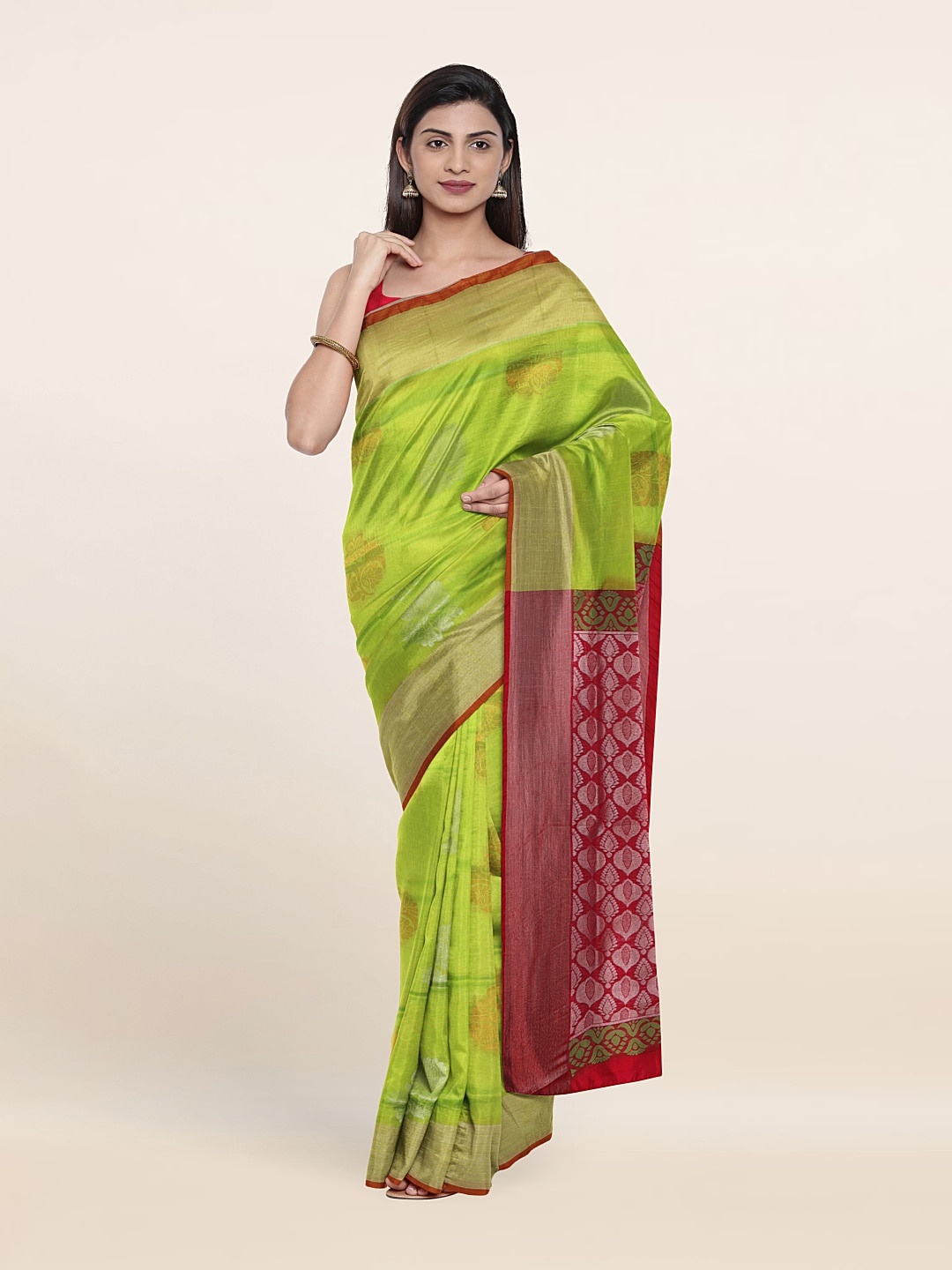 

Pothys Lime Green & Red Woven Design Zari Pure Silk Saree