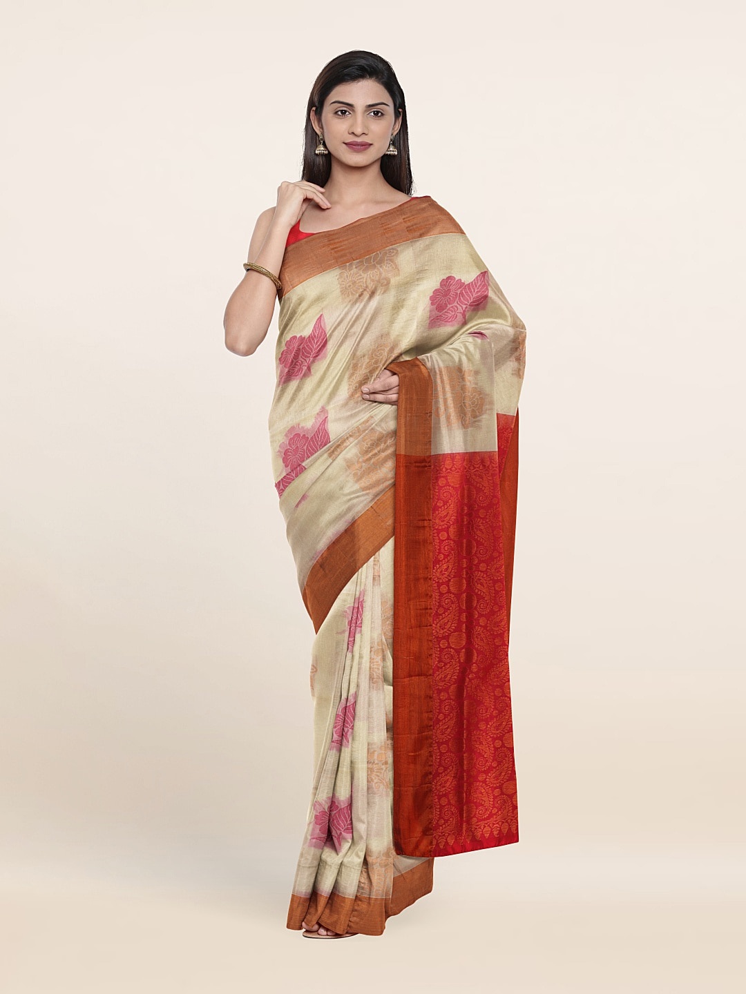 

Pothys Cream-Coloured & Red Woven Design Zari Pure Silk Saree
