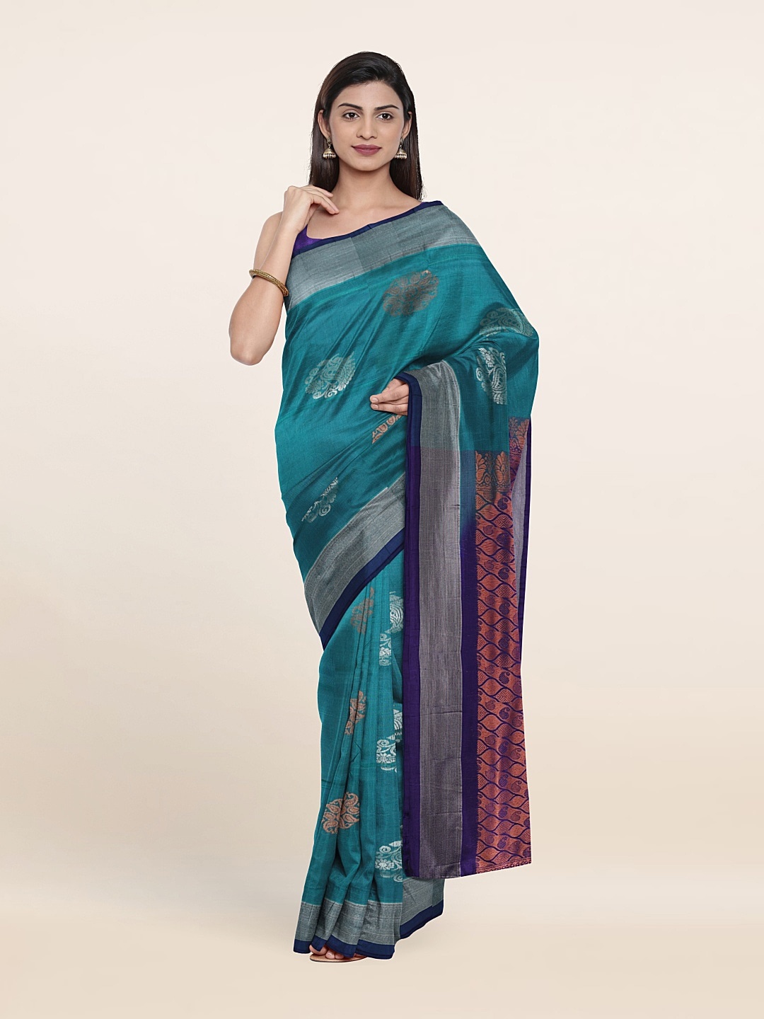 

Pothys Teal & Purple Woven Design Zari Pure Silk Saree