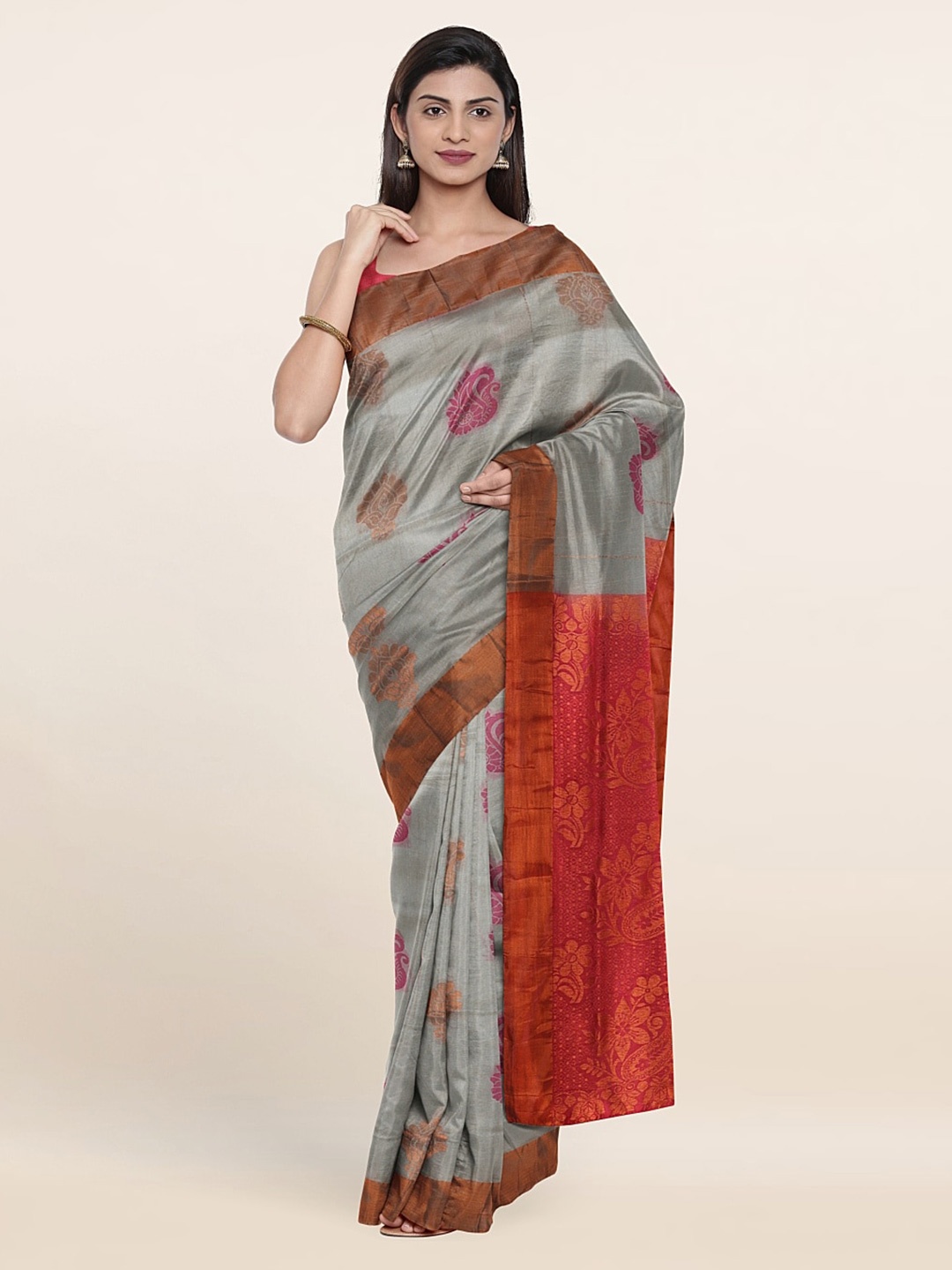 

Pothys Grey & Pink Woven Design Zari Pure Silk Saree